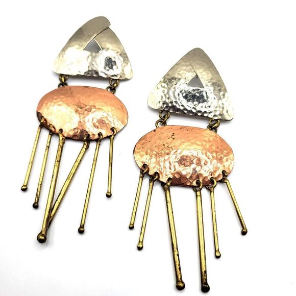Artisan Jewelry - Artisan Made Hammered Silver Copper Brass Fringe Statement Dangle Earrings 5in
